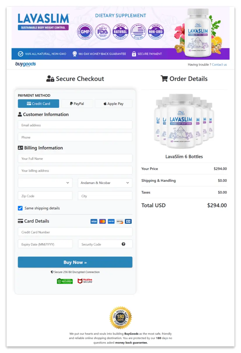 LavaSlim Secure Checkout Page